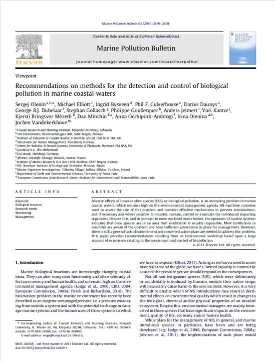 Recommendations on methods for the detection and control of biological pollution in marine coastal waters